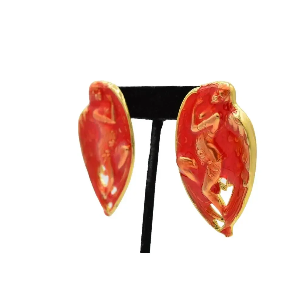 Vintage Abstract Artistic Angel Earrings Red Gold Enamel Metal Chunky NOS 80s 9L